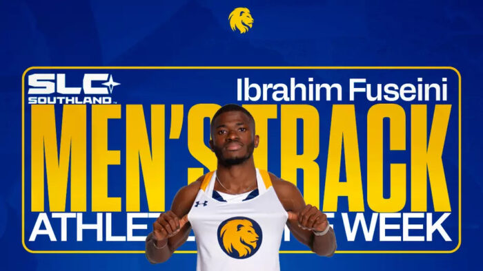 A track and field athlete with the text "Men's Track Athlete of the Week."